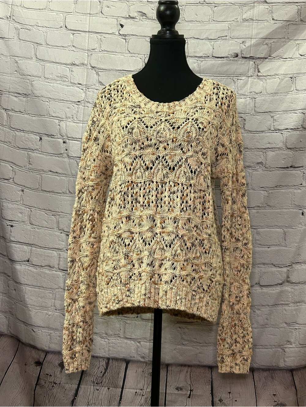 hinge Cream Open-Knit Multicolor Speckled Crewneck Sweater